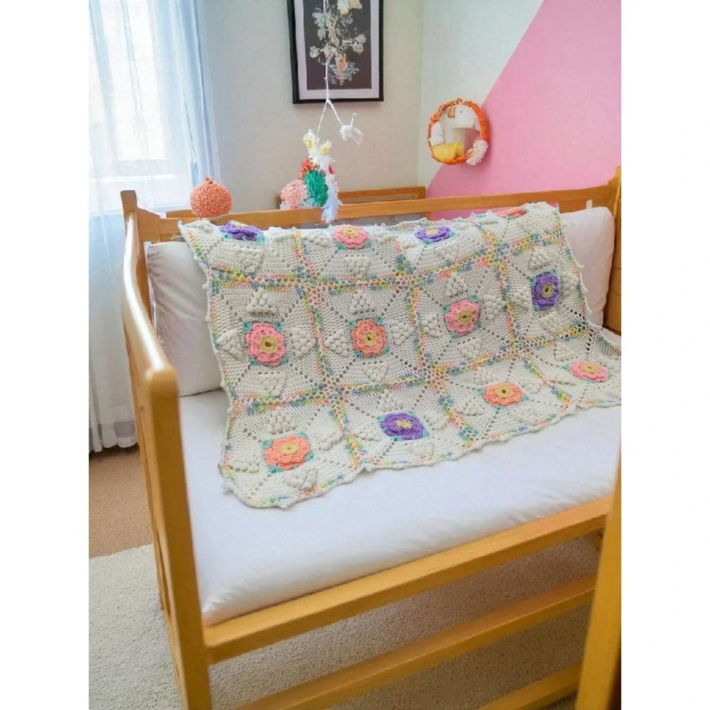 Vintage Crocheted Baby Afghan Crib Blanket Throw‎ Floral Pastel 50x38 Handmade
